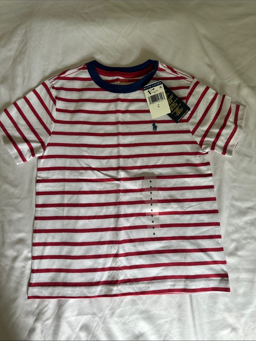 Polo by Ralph Lauren White & Red Striped Short Sleeve Tee with Navy Collar